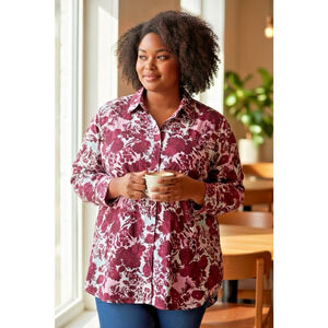 Roamans Top Button Up White Burgundy Red Floral Cottagecore Career Size 2X